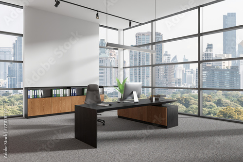 Modern office interior with workplace near panoramic window. Mock up wall photo