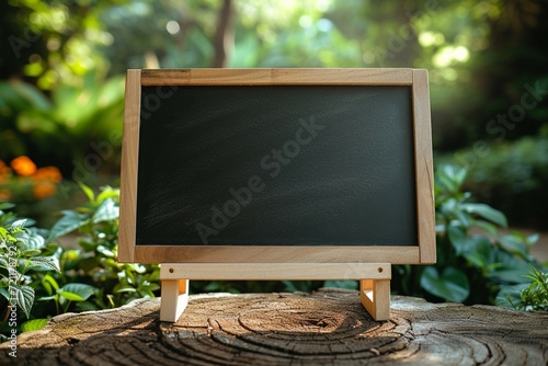 Chalkboard in outdoor setting table with stand in garden photo