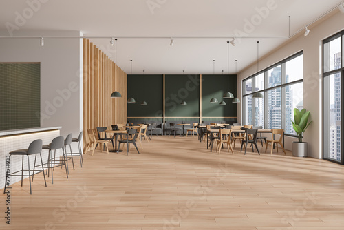 Modern restaurant interior with chairs and tables  bar island and window