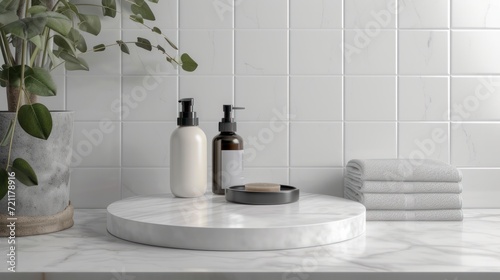 Marble white round podium for bathing products in bathroom