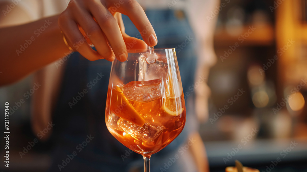 Hand of woman adding ice cubes to glass
