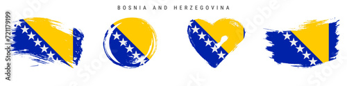 Bosnia and Herzegovina hand drawn grunge style flag icon set. Bosnian banner in official colors. Free brush stroke shape, circle and heart-shaped. Flat vector illustration isolated on white.