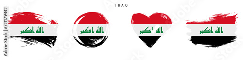 Iraq hand drawn grunge style flag icon set. Iraqi banner in official colors. Free brush stroke shape, circle and heart-shaped. Flat vector illustration isolated on white.