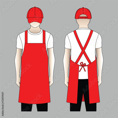 Shop uniform with a red apron and baseball cap design on a gray background. Front and back view, vector file.