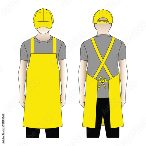 Shop uniform with a yellow apron and baseball cap design on a white background. Front and back view, vector file.