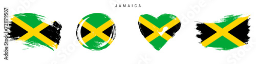 Jamaica hand drawn grunge style flag icon set. Jamaican banner in official colors. Free brush stroke shape, circle and heart-shaped. Flat vector illustration isolated on white.