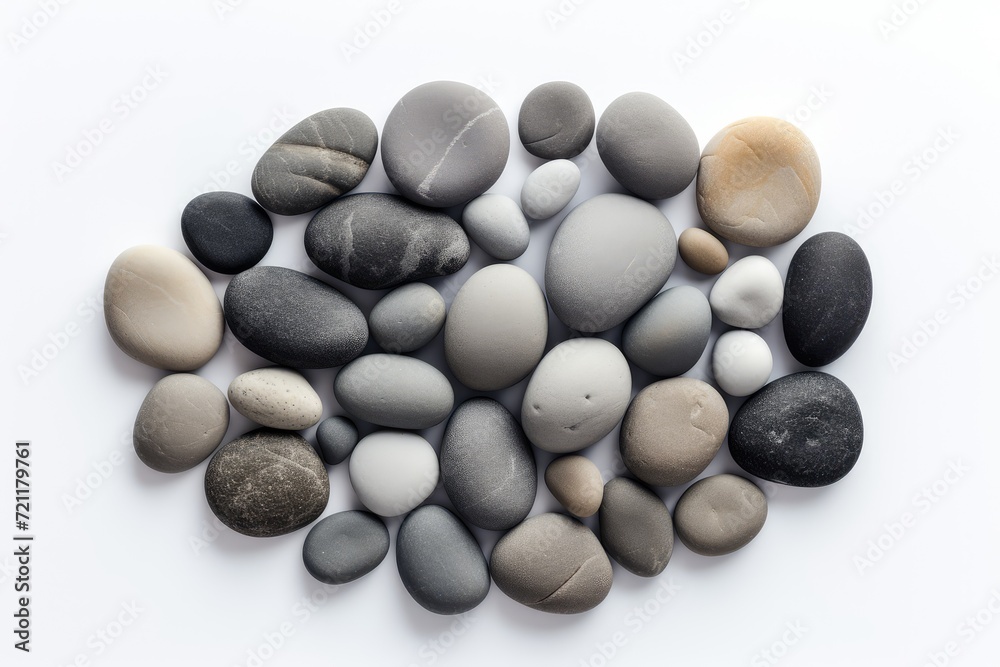 Sea Pebbles Isolated, Flat Round Stones, Gray Circle Rock Pieces, Sea Pebbles Pile on White Background Sea Pebbles Isolated, Flat Round Stones, Gray Circle Rock Pieces, Sea Pebbles Pile on White Background