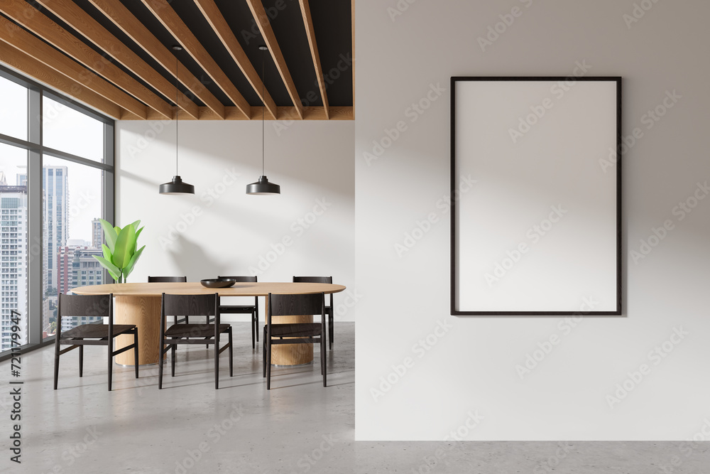 White dining room interior with vertical poster White dining room interior with vertical poster