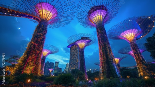 Solar-powered supertrees at dusk in Gardens By The Bay, Singapore photo
