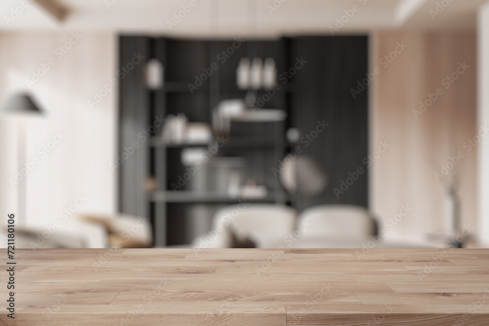 Empty wooden table on background of living room with decoration. Mockup