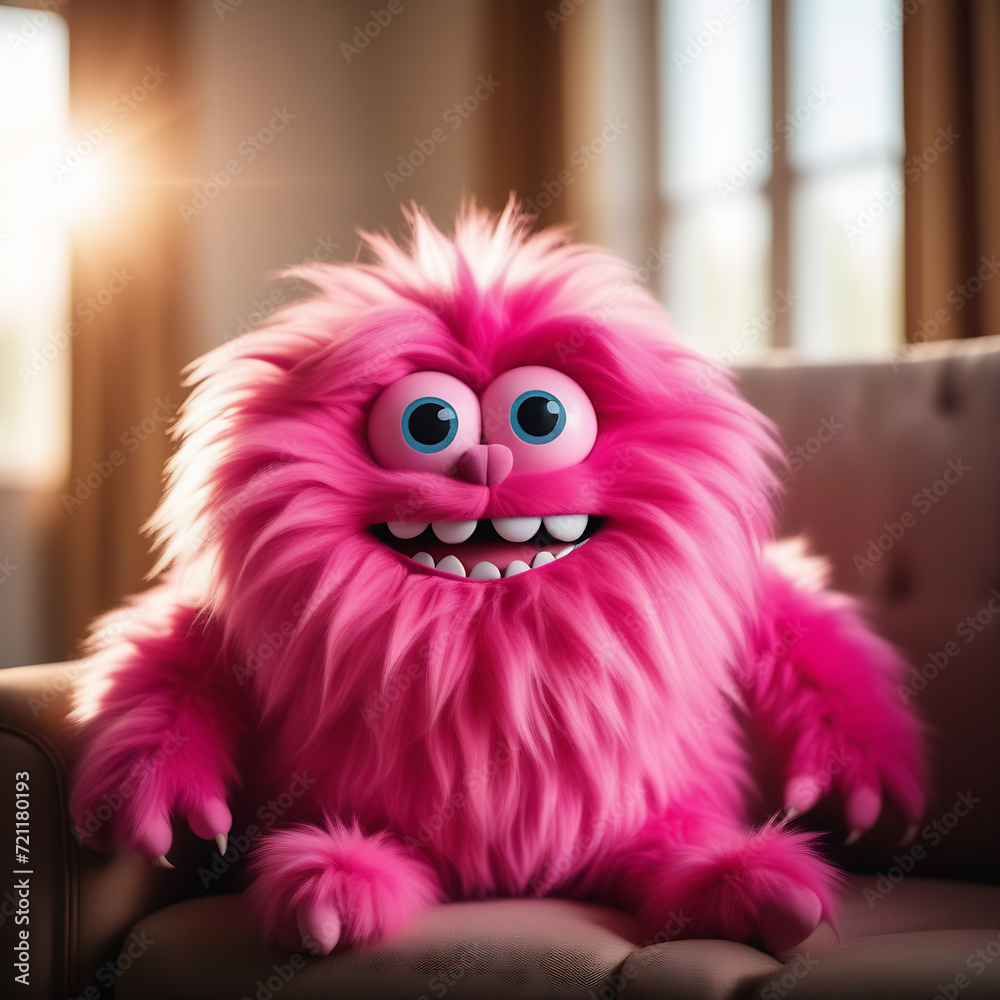 Obraz premium Fluffy pink monster sitting on the sofa