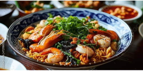 a bowl full of noodles, seafood and other ingredients,Spicy stir-fried seafood including clams.