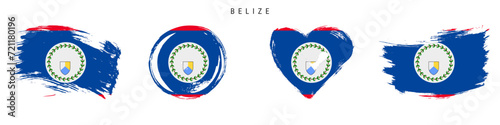 Belize hand drawn grunge style flag icon set. Belizean banner in official colors. Free brush stroke shape, circle and heart-shaped. Flat vector illustration isolated on white.