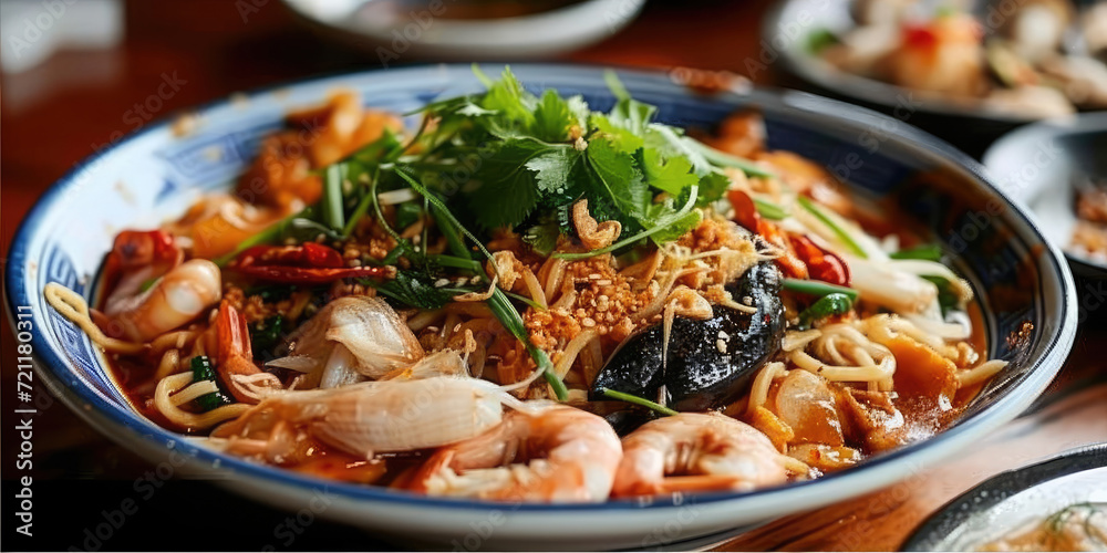 a bowl full of noodles, seafood and other ingredients,Spicy stir-fried seafood including clams. a bowl full of noodles, seafood and other ingredients,Spicy stir-fried seafood including clams.