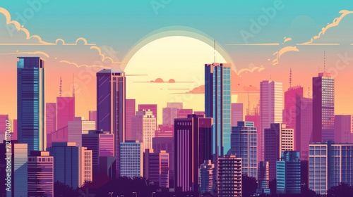 Sunset or sunrise Modern city skyscrapers panorama of tall buildings