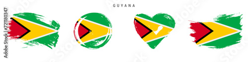 Guyana hand drawn grunge style flag icon set. Guyanese banner in official colors. Free brush stroke shape, circle and heart-shaped. Flat vector illustration isolated on white.