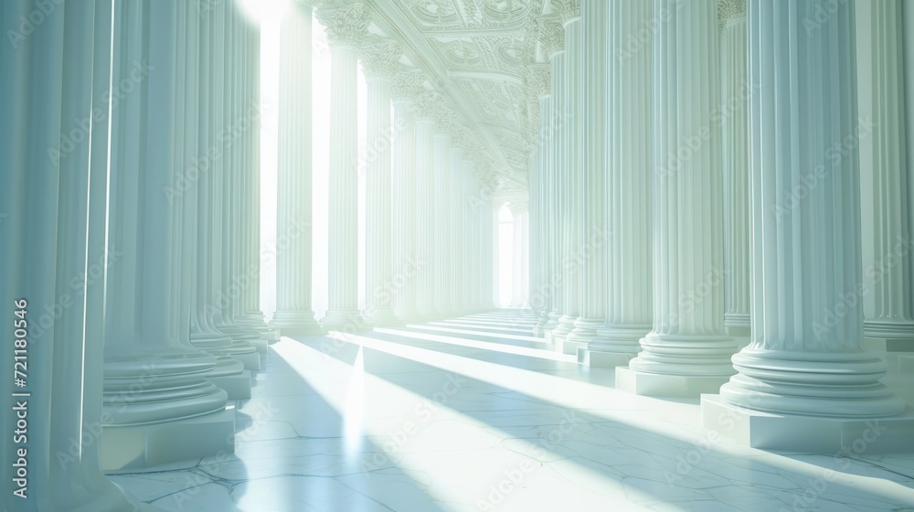 Fototapeta premium The sunlight shines through columns in a long and white corridor