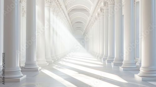 The sunlight shines through columns in a long and white corridor