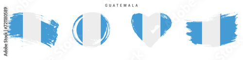 Guatemala hand drawn grunge style flag icon set. Guatemalan banner in official colors. Free brush stroke shape, circle and heart-shaped. Flat vector illustration isolated on white.