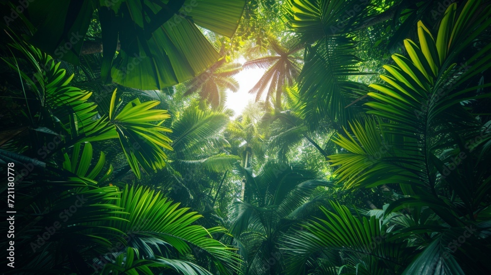 Lush tropical rainforest canopy, vibrant flora, wildlife, fisheye lens, midday, dreamy, Fujifilm Velvia film.