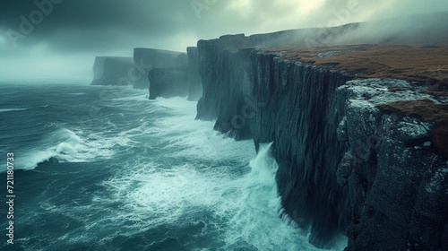Coastal cliffs with crashing waves, rugged terrain, dramatic clouds, prime lens, sunrise, moody, Agfa Vista film.