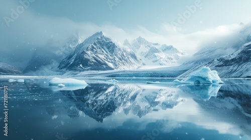 Iceberg-filled glacial lake, snowy peaks, reflections, telephoto lens, twilight, majestic, Polaroid Time-Zero film.