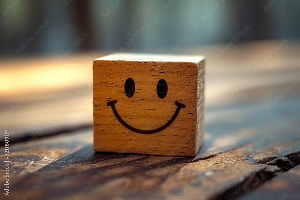 Wooden block label happy face, relax, good feedback concept Wooden block label happy face, relax, good feedback concept