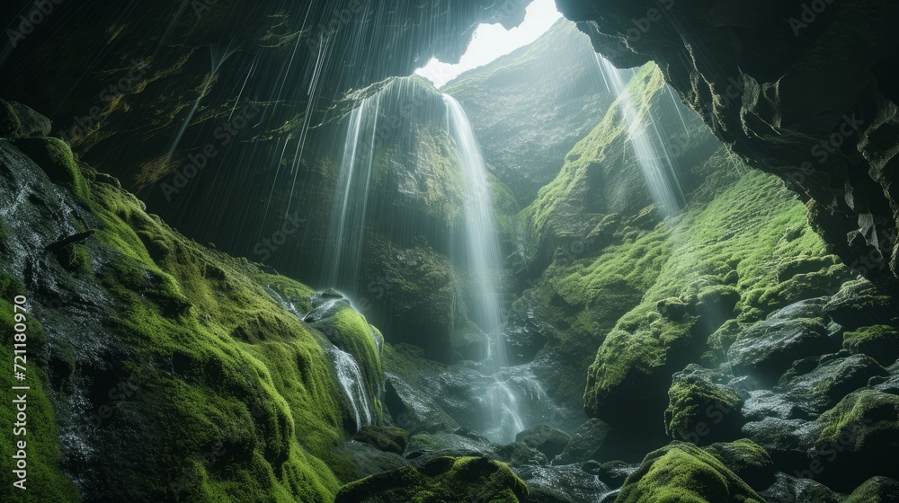Waterfall streams in the green mossy mountain arched cave - obrazy, fototapety, plakaty 