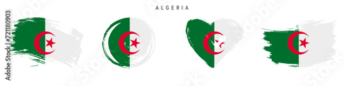 Algeria hand drawn grunge style flag icon set. Algerian banner in official colors. Free brush stroke shape, circle and heart-shaped. Flat vector illustration isolated on white.