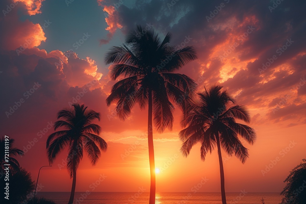 paradise palm trees silhouette against a beautiful orange sky