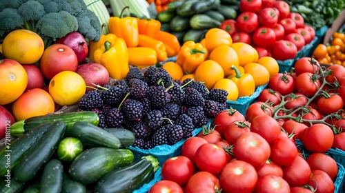 fruits and vegetables  colorful array of fresh fruits and vegetables at a local farmer   s market  symbolizing healthy eating and local produce