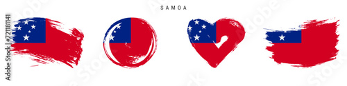 Samoa hand drawn grunge style flag icon set. Samoan banner in official colors. Free brush stroke shape, circle and heart-shaped. Flat vector illustration isolated on white.