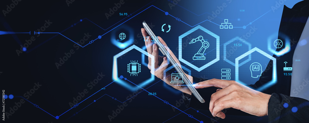 Woman hands with tablet and smart industry control - obrazy, fototapety, plakaty 
