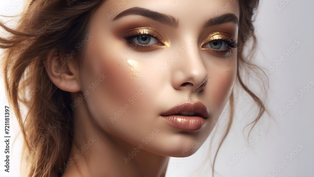 Close up portrait of a beautiful woman with glowing face with gold flakes and glitter on her face. Beauty product commercial photo, glamorous portrait, Generative AI Close up portrait of a beautiful woman with glowing face with gold flakes and glitter on her face. Beauty product commercial photo, glamorous portrait, Generative AI