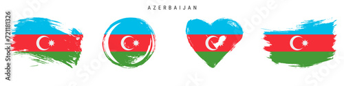 Azerbaijan hand drawn grunge style flag icon set. Azerbaijani banner in official colors. Free brush stroke shape, circle and heart-shaped. Flat vector illustration isolated on white.