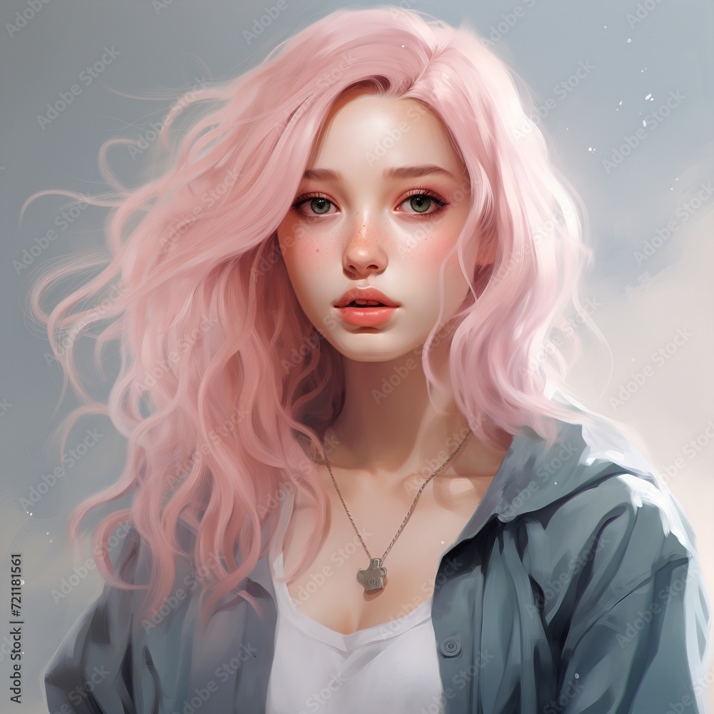 Digital Portrait of Woman with Soft Pink Curls Digital Portrait of Woman with Soft Pink Curls