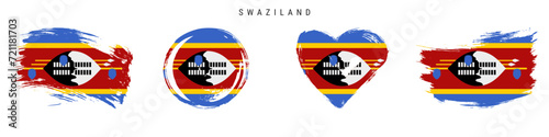 Swaziland hand drawn grunge style flag icon set. Eswatini banner in official colors. Free brush stroke shape, circle and heart-shaped. Flat vector illustration isolated on white.