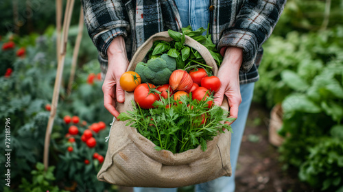 Hands of woman holding bag of vegetables standing