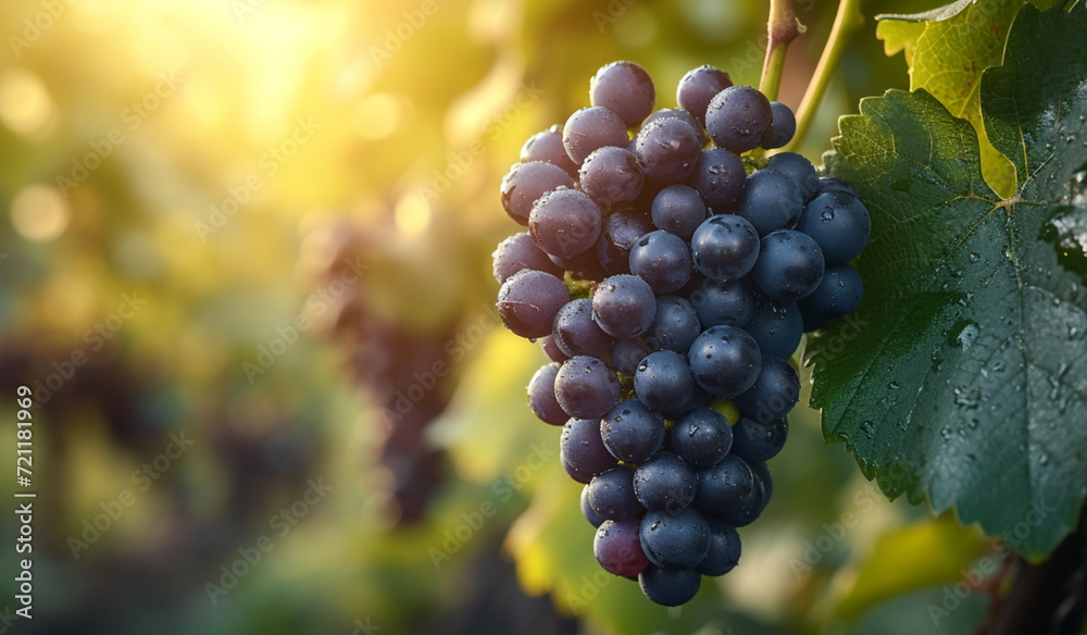 A  bunch of grapes in the vineyard. Generative AI