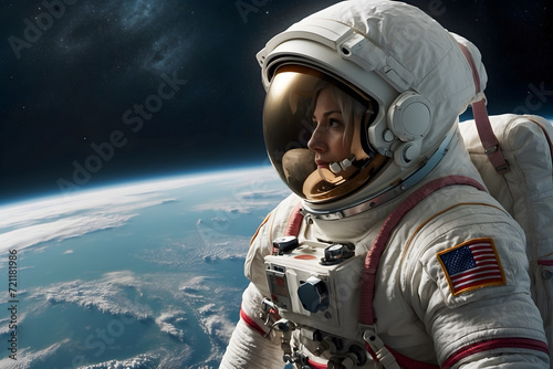 A female astronaut in space with a spacesuit photo