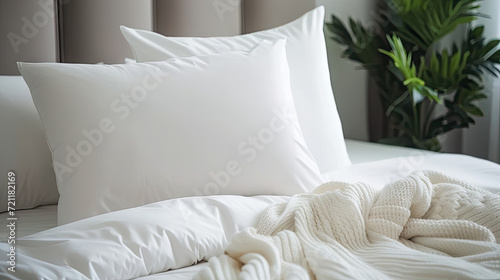 modern Bedroom interior design details. Comfortable bed with soft white pillows and bedding in bed .White pillows and duvet on the white bed photo