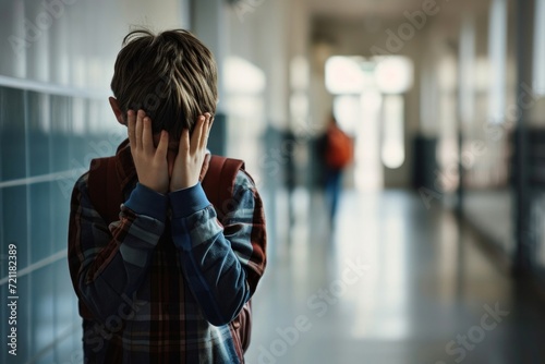 Upset boy covered his face with hands standing alone in school corridor. Learning difficulties, emotions, bullying in school, Generative AI