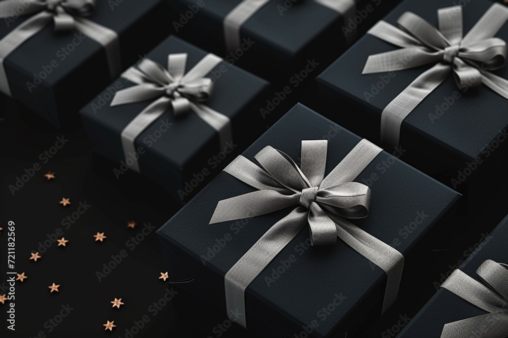 view Top view of exclusive gift boxes silver ribbons, black background view Top view of exclusive gift boxes silver ribbons, black background