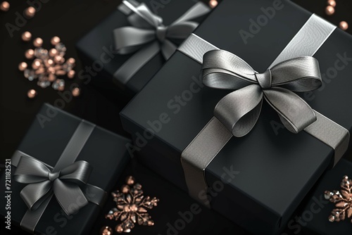 Luxury gift presentation elegant boxes with silver ribbons, black background
