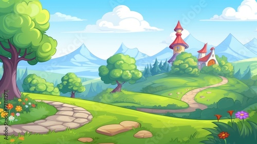 cartoon illustration landscape featuring mountains, a lake, greenery, and a stone path leading to small houses
