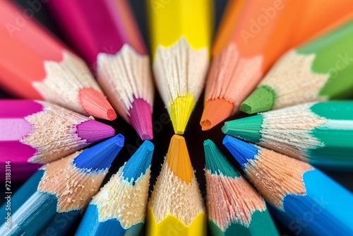 Macro shot of color pencils tipped nibs arranged diagonally, desk