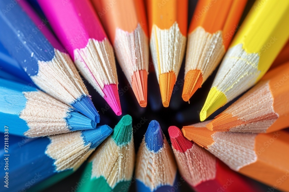 Color pencils pile in close up macro shot, wooden desk Color pencils pile in close up macro shot, wooden desk