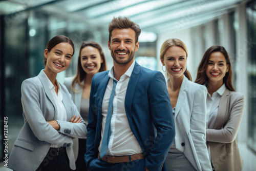 A positive atmosphere fills the office as businesspeople and their team strike a group pose, their body language reflecting a collective energy. Generative AI.