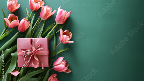 Pink gift box and beautiful tulips © Merab