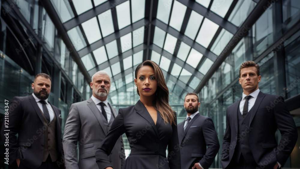 A positive atmosphere fills the office as businesspeople and their team strike a group pose, their body language reflecting a collective energy. Generative AI. A positive atmosphere fills the office as businesspeople and their team strike a group pose, their body language reflecting a collective energy. Generative AI.